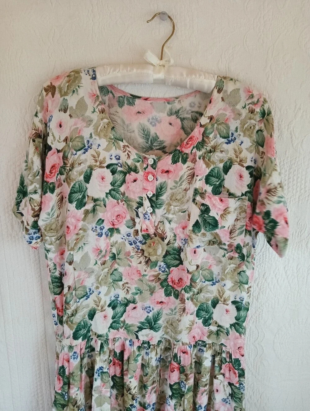 Vintage Garden Dress Floral Button-Front Midi Front Pocket Pink Green Soft Flowy - Picture 3 of 11